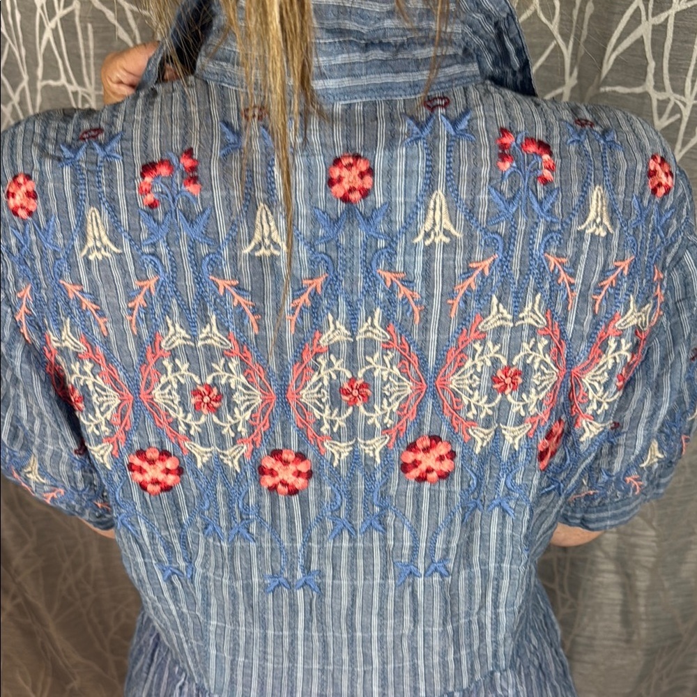 Johnny Was 3J Workshop Blue Embroidered Midi Dress L - Picture 8 of 9